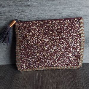 MOSSIMO BURGUNDY SEQUIN EMBELLISHED WOMENS CLUTCH POUCH BAG  11x8